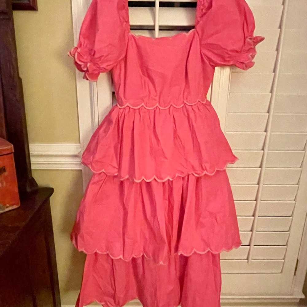 English Factory Pink Tiered Backless Puff-Sleeve Dress